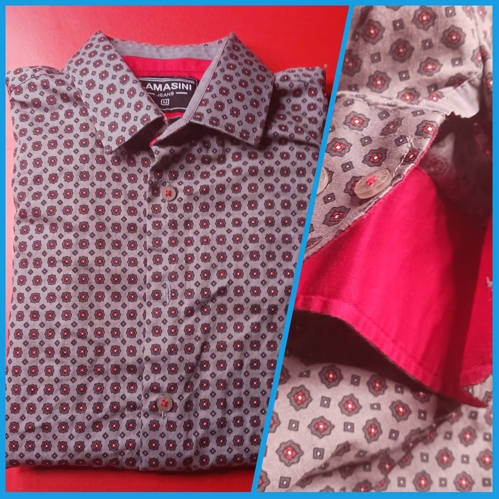 Lamasini Jeans Brand Mens Gray & Red Print Long Sleeve Dress Shirt Med Red cuff*